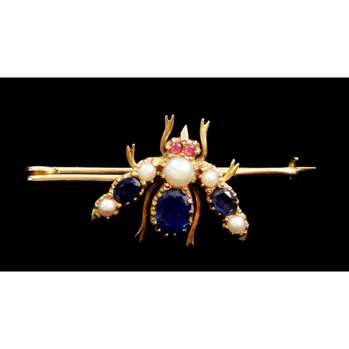 393 - An 18 carat gold bee form brooch set sapphires, pearls and rubies, 3.5cm wide, 2.9g