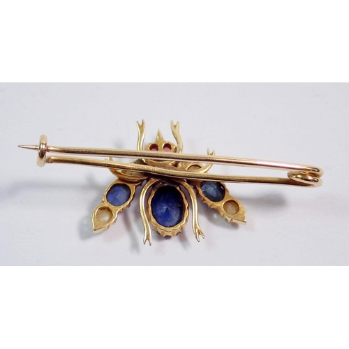 393 - An 18 carat gold bee form brooch set sapphires, pearls and rubies, 3.5cm wide, 2.9g