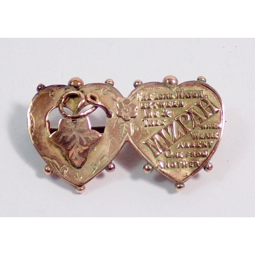 398 - A 9 carat gold Mizpah double heart brooch, 3cm, 2.9g