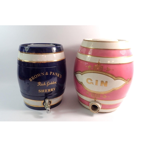 4 - A Victorian Staffordshire vivid pink banded 'Gin' barrel and another barrel for Sherry, 33 and 30cm ... 