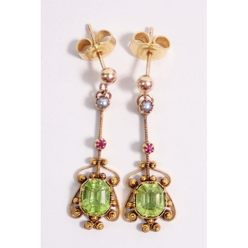 400 - A pair of 18 carat gold earrings set peridot, rubies and grey pearls, 2.4g, 2.5cm drop