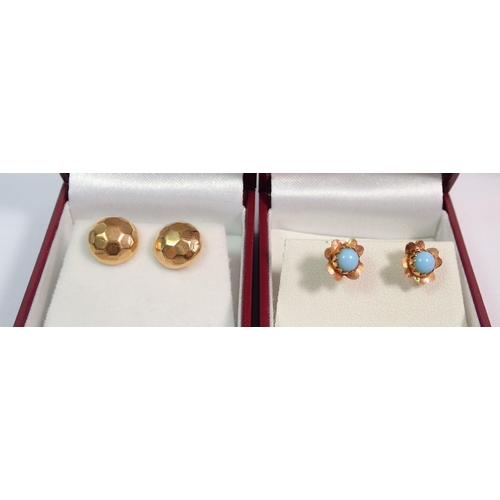 417 - A pair of 18 carat gold flower form and turquoise earrings - 2.1g, a pair of hexagonal faceted 18 ca... 