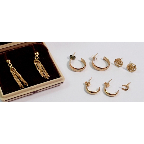 418 - A pair of 9ct gold tassel earrings, a pair of half hoop earrings and two further pair of gold earrin... 