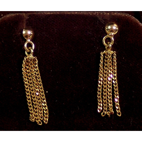 418 - A pair of 9ct gold tassel earrings, a pair of half hoop earrings and two further pair of gold earrin... 