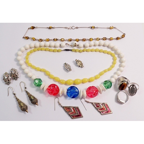 422 - A 1960's plastic necklace, three silver rings and other costume jewellery