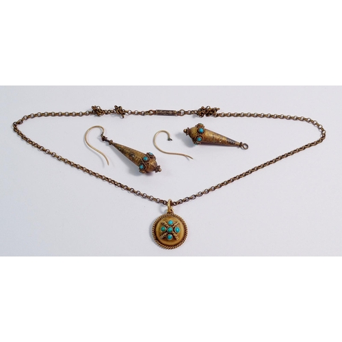 428 - A Victorian gilt metal and turquoise set pendant and a pair of similar earrings