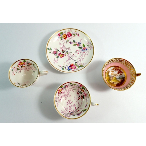 44 - A Victorian Felspar porcelain floral painted trio and a tea cup painted landscape