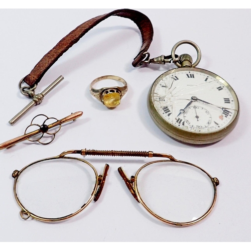 443 - A Victorian white metal citrine ring, a pair of pince nez glasses, a Pinnacle pocket watch and brooc... 