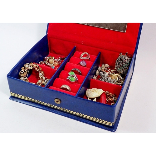 444 - A box of costume jewellery including three pairs of silver earrings, silver Mizpah ring and two othe... 