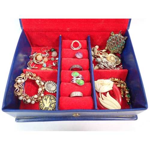 444 - A box of costume jewellery including three pairs of silver earrings, silver Mizpah ring and two othe... 