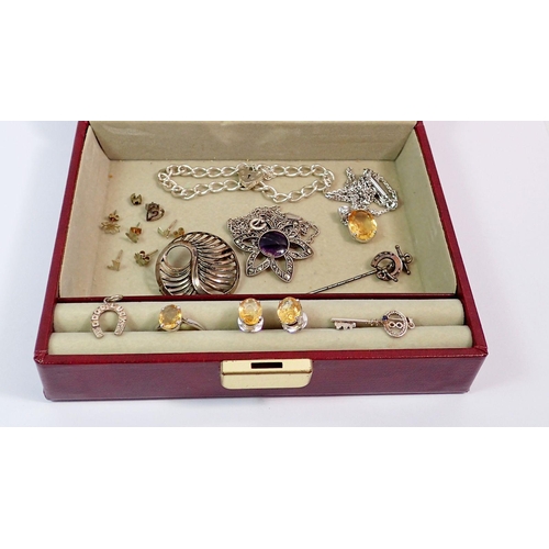 445 - A box of costume jewellery including silver and amethyst pendant, silver bracelet, 17.6g, 800 standa... 