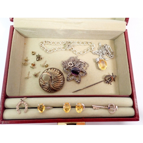 445 - A box of costume jewellery including silver and amethyst pendant, silver bracelet, 17.6g, 800 standa... 