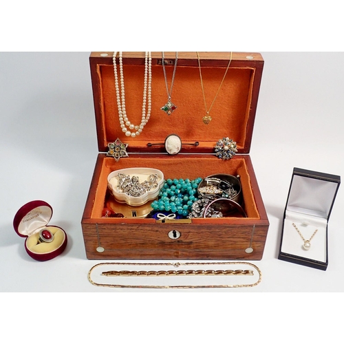 449 - A group of costume jewellery in mahogany and mother of pearl box including necklaces, bracelets, bro... 