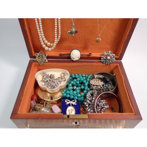 449 - A group of costume jewellery in mahogany and mother of pearl box including necklaces, bracelets, bro... 