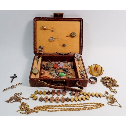 456 - A leather jewellery case and contents of antique jewellery - some a/f