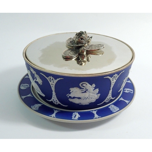 46 - A Jasperware style butter dish with with silver plated lid and flower finial, 16cm diameter