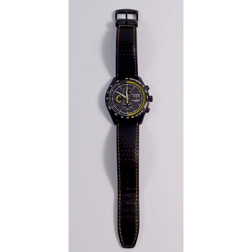 462 - A Citizen Eco-Drive chronograph WR 100 gentlemans watch in black case with yellow detailing and a bl... 