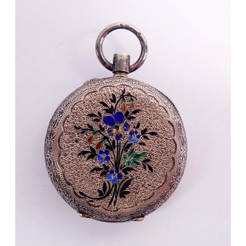 466 - A 19th century continental 935 silver fob watch with floral enamel inlaid decoration to back