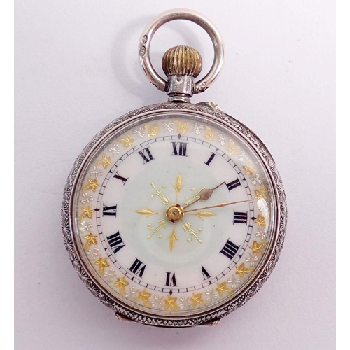 467 - An Edwardian silver fob watch with enamel dial and engraved decoration, 3cm diameter