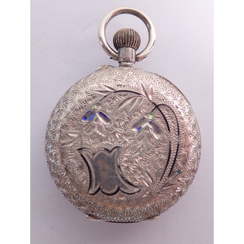 467 - An Edwardian silver fob watch with enamel dial and engraved decoration, 3cm diameter