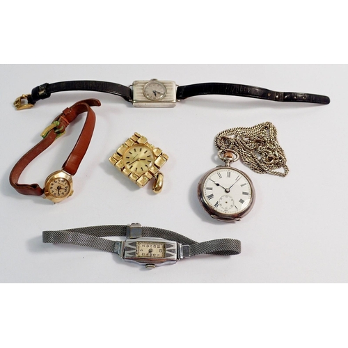 471 - A silver fob watch on silver chain, a 9 carat gold ladies watch (back weighs 1.4g) and three other w... 