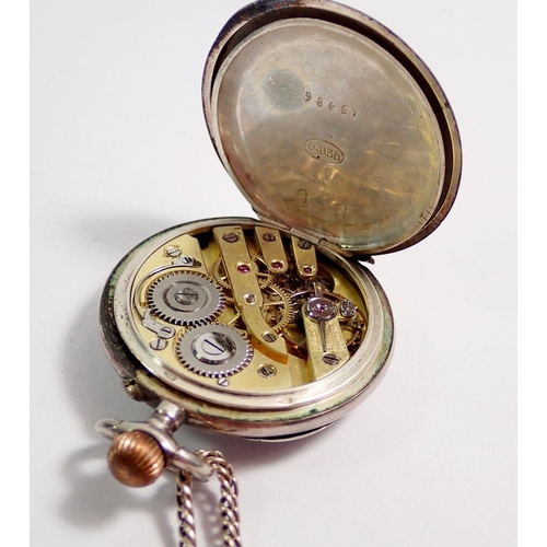 471 - A silver fob watch on silver chain, a 9 carat gold ladies watch (back weighs 1.4g) and three other w... 