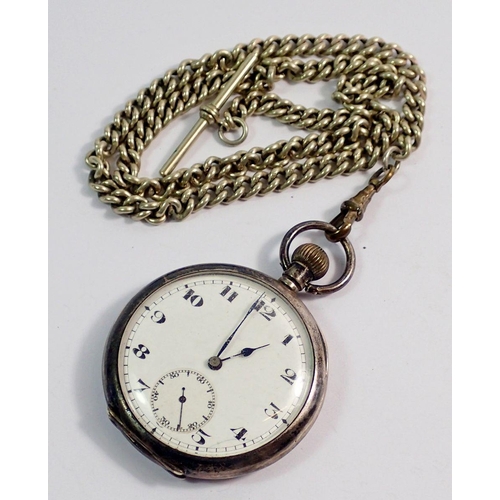 473 - A silver pocket watch on silver plated fob chain