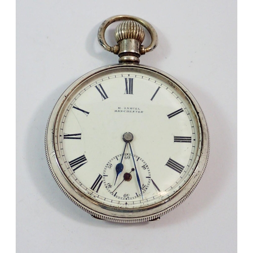 477 - An English made silver keyless pocket watch by H Samuel Manchester, Birmingham 1912