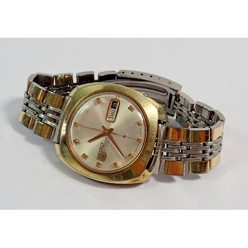 478 - A gold plated cushion cased Seiko Five automatic wristwatch on bracelet