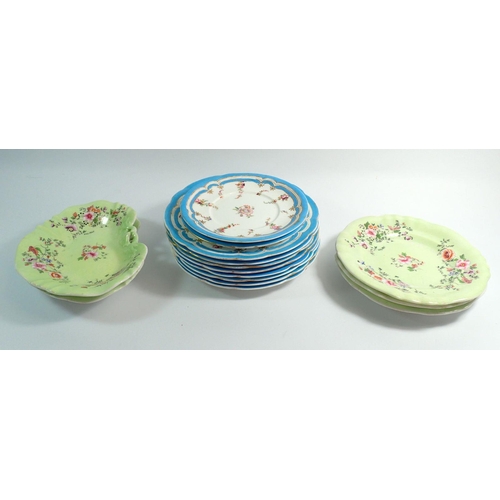 48 - A set of eight turquoise dessert plates painted sprays of flowers and a green part dessert set