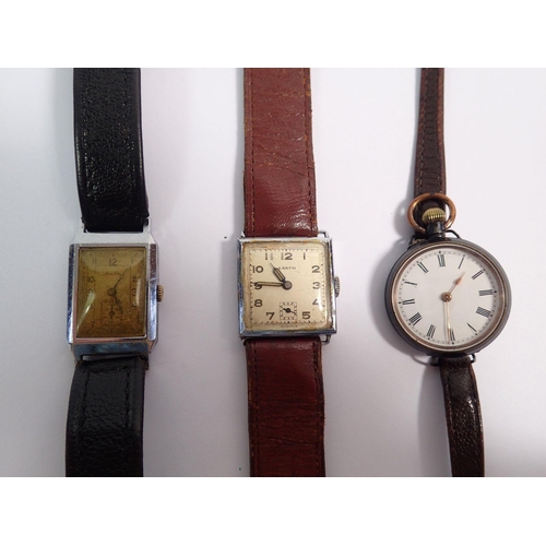 483 - An early 20th century wristwatch converted from pocket watch plus a Lanco square wristwatch and a re... 