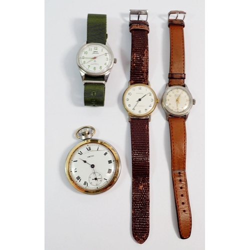 485 - A Smiths pocket watch, Ingersoll services watch, Indian services watch and a services watch