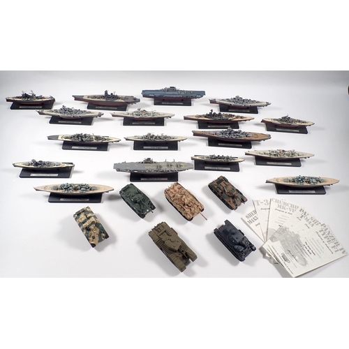 493 - A box of seventeen WWII model warships on stands including HMS Prince of Wales, USS Hornet etc. plus... 