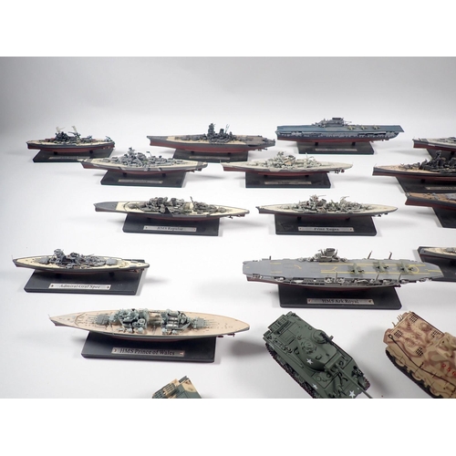 493 - A box of seventeen WWII model warships on stands including HMS Prince of Wales, USS Hornet etc. plus... 