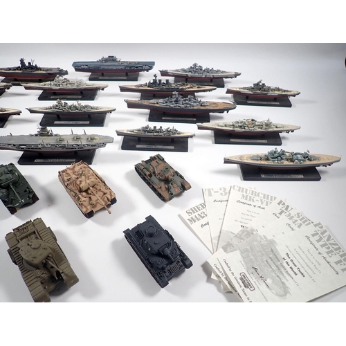 493 - A box of seventeen WWII model warships on stands including HMS Prince of Wales, USS Hornet etc. plus... 