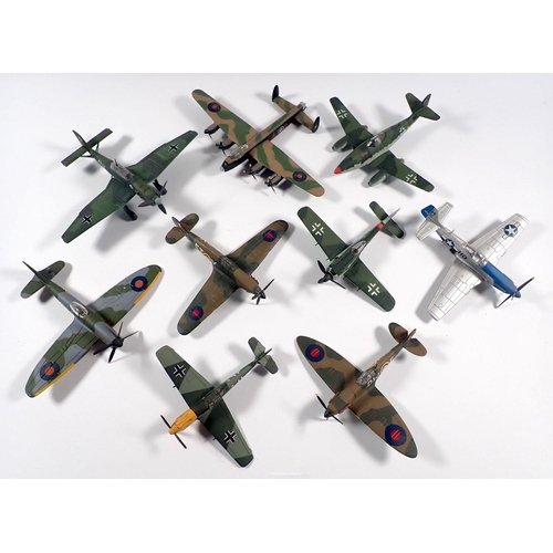 504 - Nine die cast WWII aircraft on stands including Spitfire, Hurricane, Lancaster etc, largest approx 1... 