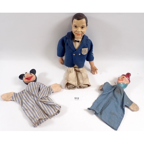 512 - An Archie Andrews ventriloquist doll by Palitoy plus a Punch puppet and Mickey Mouse puppet