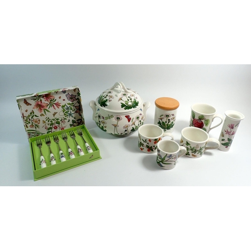 55 - A group of Portmeirion including covered tureen, 23cm wide, boxed set of pastry forks, mugs and jar