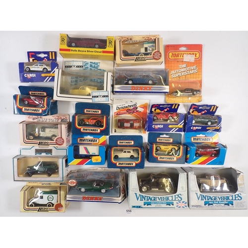 556 - A mixed box of die cast vehicles all boxed including Matchbox MB20 Volvo container, MB-11 Lamborghin... 