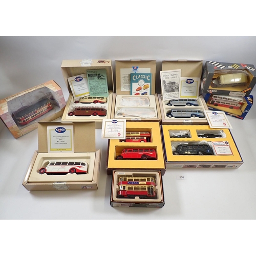 558 - A box of Corgi die cast model buses and trams all boxed including class commericals from Corgi, Bart... 