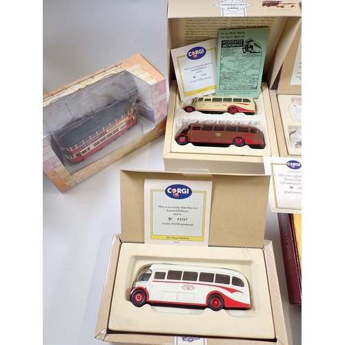 558 - A box of Corgi die cast model buses and trams all boxed including class commericals from Corgi, Bart... 