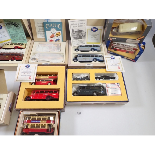 558 - A box of Corgi die cast model buses and trams all boxed including class commericals from Corgi, Bart... 