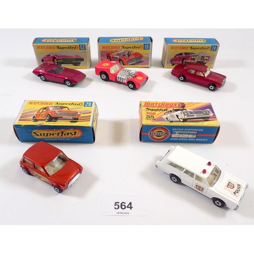 564 - Five Matchbox Superfast boxed toy cars - Rolls Royce Silver Shadow No 24, Racing Mini No 29, Dodge C... 