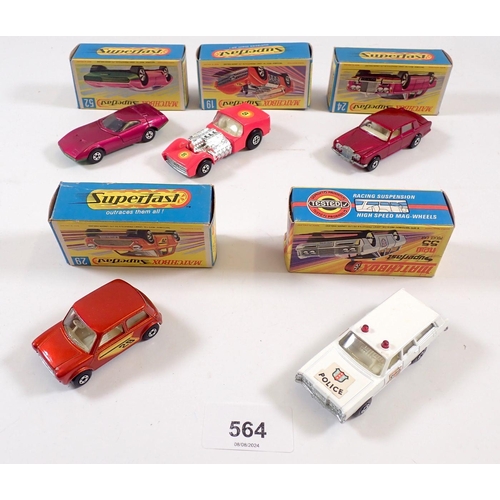 564 - Five Matchbox Superfast boxed toy cars - Rolls Royce Silver Shadow No 24, Racing Mini No 29, Dodge C... 