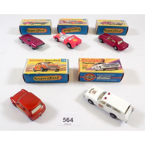 564 - Five Matchbox Superfast boxed toy cars - Rolls Royce Silver Shadow No 24, Racing Mini No 29, Dodge C... 