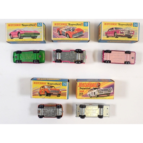 564 - Five Matchbox Superfast boxed toy cars - Rolls Royce Silver Shadow No 24, Racing Mini No 29, Dodge C... 