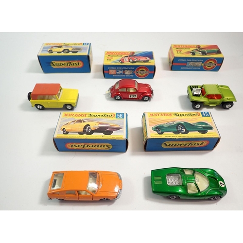 565 - Five Matchbox Superfast boxed toy cars - Volkswagen 1500 No 15, Field Car No 18, Ford Group 6 No 45,... 