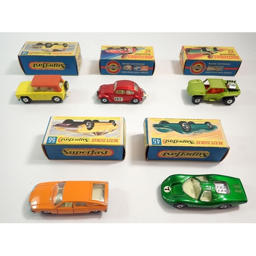 565 - Five Matchbox Superfast boxed toy cars - Volkswagen 1500 No 15, Field Car No 18, Ford Group 6 No 45,... 