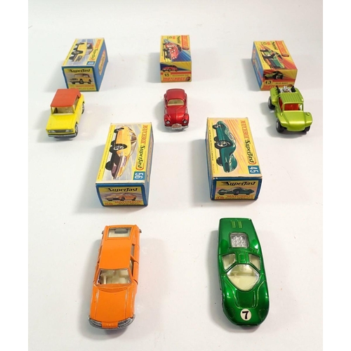 565 - Five Matchbox Superfast boxed toy cars - Volkswagen 1500 No 15, Field Car No 18, Ford Group 6 No 45,... 