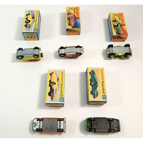 565 - Five Matchbox Superfast boxed toy cars - Volkswagen 1500 No 15, Field Car No 18, Ford Group 6 No 45,... 